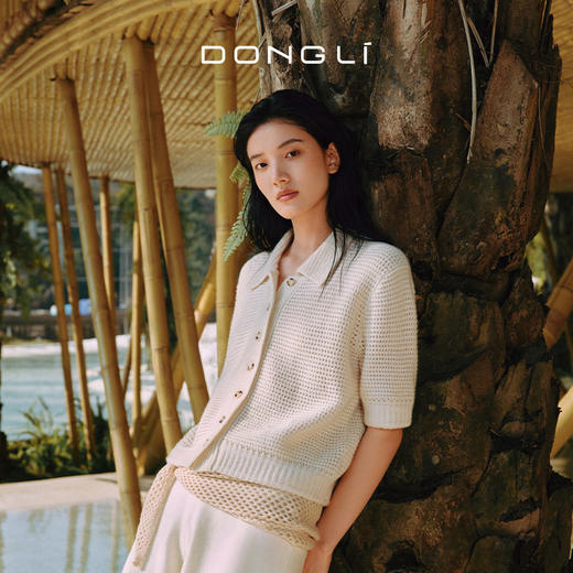 东黎 • 万物复苏 微光华夫格 山羊绒 女士春季翻领镂空珠片半袖开衫 6026 商品图0