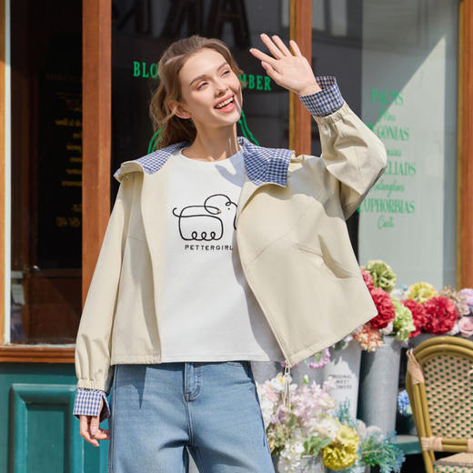 半身缘女装 春季宽松连帽格纹拼接花瓣边帽檐外套261113P01340265 商品图2