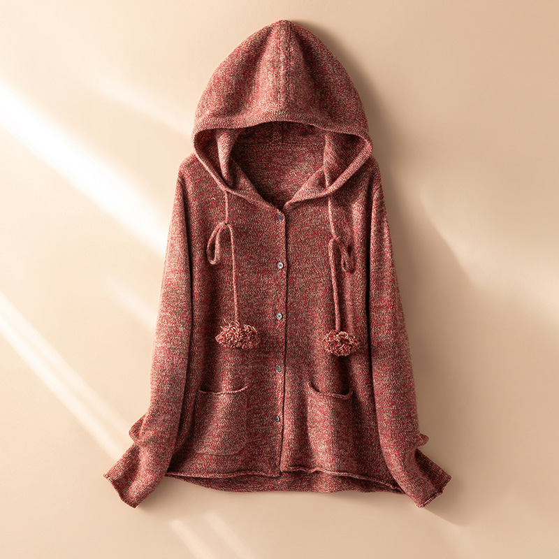 午后松茶~流苏毛毛球100%纯山羊绒开衫女花纱连帽外套CYR25163