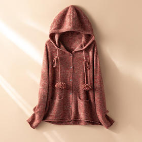 午后松茶~流苏毛毛球100%纯山羊绒开衫女花纱连帽外套CYR25163