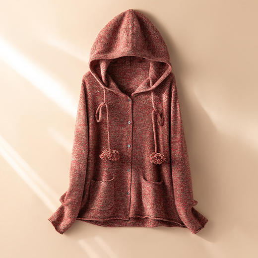 午后松茶~流苏毛毛球100%纯山羊绒开衫女花纱连帽外套CYR25163 商品图0