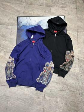 F030406联名款袖子眼睛印花图案休闲宽松连帽拉链卫衣外套男女同款