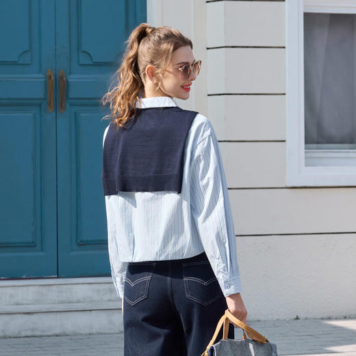 半身缘女装 春季百搭前短后长经典竖条纹肩搭衬衫261213P01040250 商品图4