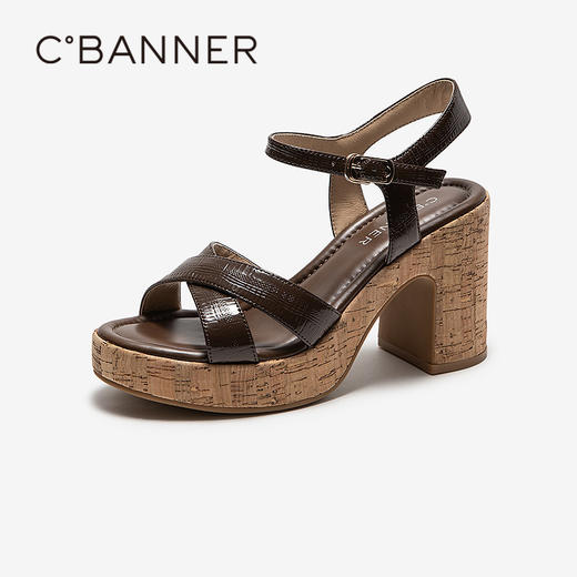 千百度交叉带粗超高跟时装凉鞋女2026夏季新款增高真皮绝美凉鞋A26380616 商品图1