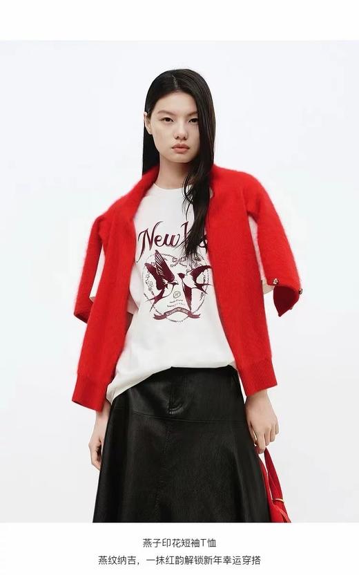 F030496短袖T恤2026春新品棉质双层植绒印花新年燕子红色 商品图7