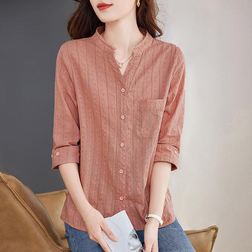 纯棉女士衬衫春夏季2026新款女装洋气大码中袖衬衣七分袖棉麻上衣 商品图1