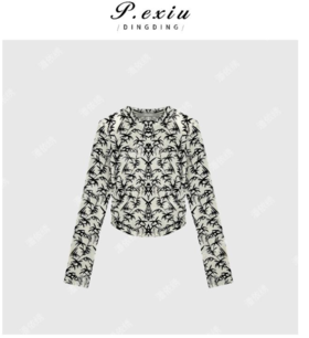 03-2潘依绣丁丁宠粉韩系设计款墨竹印花修身气质网纱T恤 Q7130