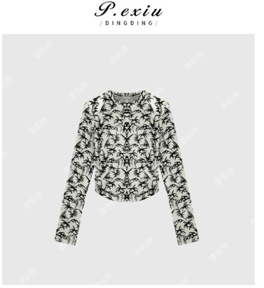 03-2潘依绣丁丁宠粉韩系设计款墨竹印花修身气质网纱T恤 Q7130 商品图0