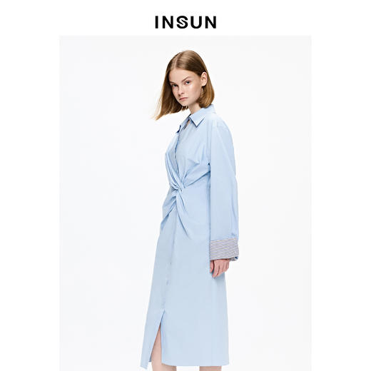 INSUN恩裳衬衫领褶皱收腰高支棉长袖连衣裙 商品图2