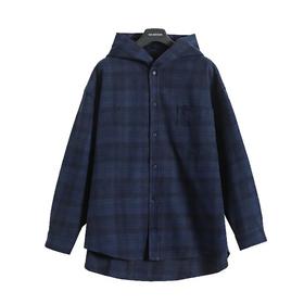 F0304124早秋新品藏青格纹法兰绒男女日常通勤穿搭连帽衬衫外套