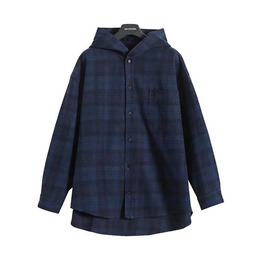 F0304124早秋新品藏青格纹法兰绒男女日常通勤穿搭连帽衬衫外套 商品图0