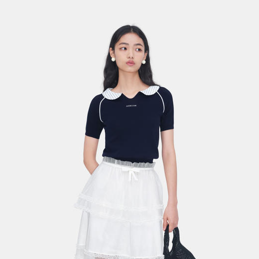 HERLIAN 2026年春夏新品波点撞色娃娃领短袖女士短版套头针织衫 商品图1