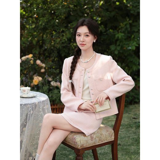 鹿向南「悄然心动」粉色长袖短外套显瘦短半裙春季新款时尚套装女 商品图3