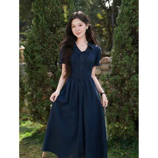 鹿向南「雾起野矿」法式藏蓝色连衣裙女夏季短袖高级洋气显瘦裙子 商品图0