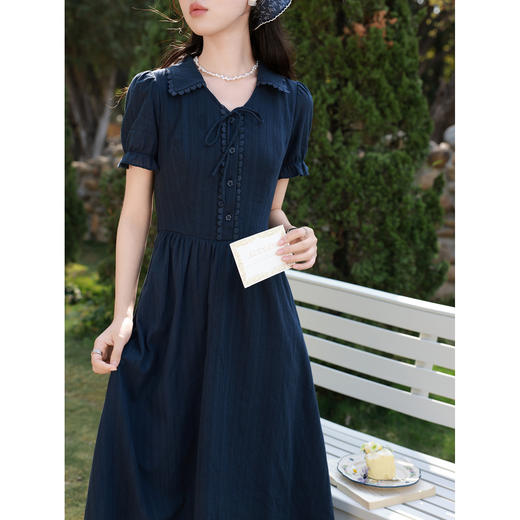 鹿向南「雾起野矿」法式藏蓝色连衣裙女夏季短袖高级洋气显瘦裙子 商品图4