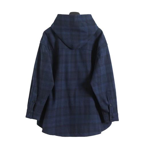 F0304124早秋新品藏青格纹法兰绒男女日常通勤穿搭连帽衬衫外套 商品图1