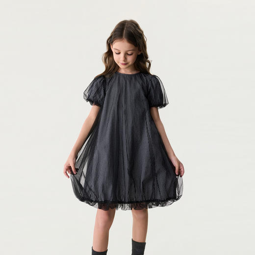 马克珍妮甜酷格纹女童网纱花苞裙2026年夏装新款560605 商品图3