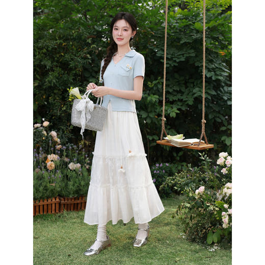 鹿向南「蓝楹清婉」雾霾蓝显瘦短袖T恤女夏季新款减龄设计感上衣 商品图1