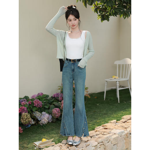 鹿向南「丹宁线条」蓝色修身牛仔裤女春季新款高腰通勤复古微喇裤 商品图1