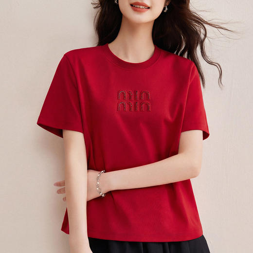 「自j」全新升级【铂金会员128/天猫169/差价41】(00741)洛诗琳新款休闲钻饰纯棉T恤2026春夏正肩字母设计短袖上衣 商品图3