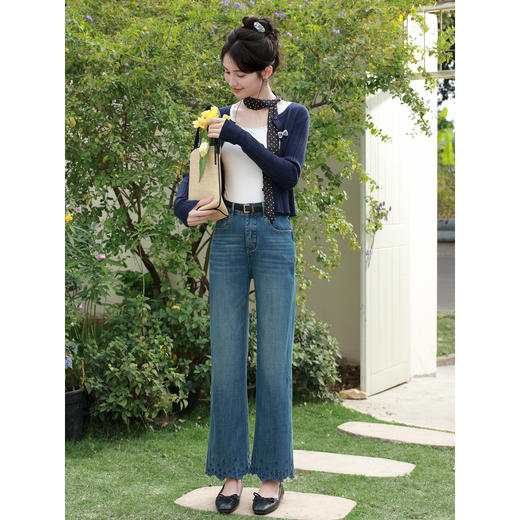 鹿向南「蝶履绣影」蓝色直筒九分牛仔裤女夏新款设计感花边微喇裤 商品图1