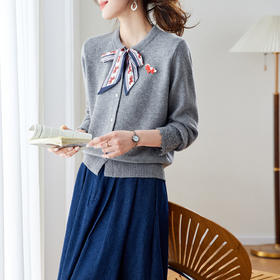 「自」全新升级【铂金会员192/天猫259/差价67】(05521)洛诗琳法式蝴蝶结系带针织衫2026春季圆领小香风针织开衫