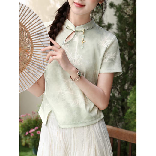 鹿向南「竹影蝶恋」浅绿色国风短袖T恤夏季新款时尚新中式女上衣 商品图2