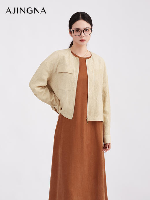 【商场同款】阿菁娜春季新款老钱风亚麻纹理感圆领短款外套A31C106003 商品图0