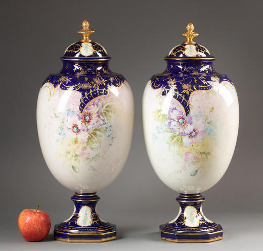 独角鹿西洋古董20世纪初德国Royal Bonn工坊出品瓷手绘花卉主题新艺术风格盖瓶一对 商品图1