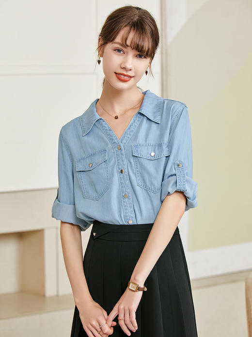 【百图lulu定制】【慕斯牛仔衬衫】 100%莱赛尔  七分袖   气质通勤设计感  牛仔衬衫 商品图10