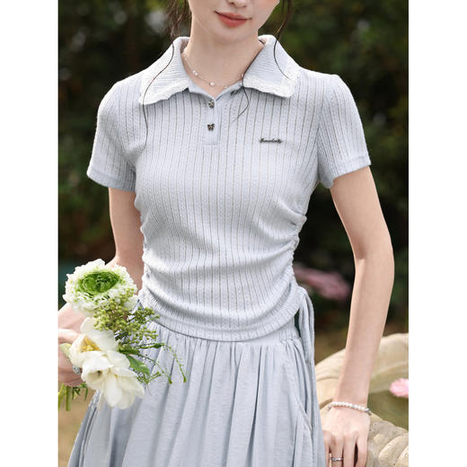 鹿向南「清甜如葡」雾霾蓝修身T恤女夏新款韩系chic短袖polo上衣 商品图3