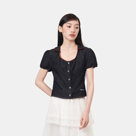 HERLIAN 2026年春夏新品U领抽褶牛仔小上衣女士短袖开衫 商品图2