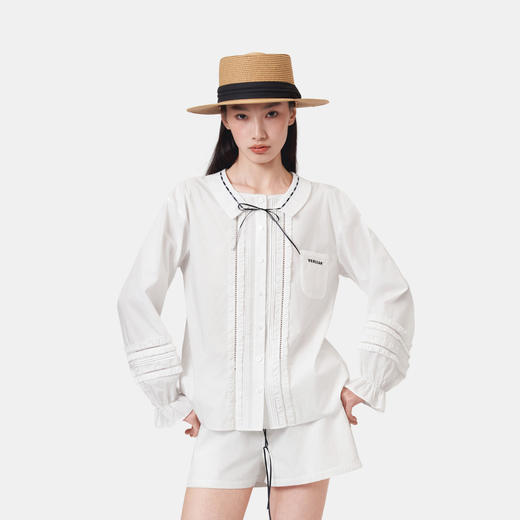 HERLIAN 2026年春夏新品高台式翻领撞色丝带女士长袖衬衫 商品图2