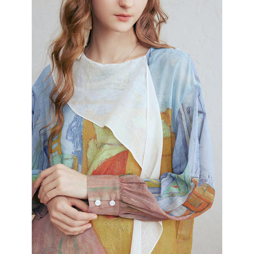 两三事梵高文艺 初晴烟雨 2026春季新款飘带拼接两件套印花衬衫女 商品图2