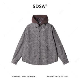 SDSA男装2026新款高贵轻奢简约时尚菱形格纹拼接连帽衬衫百搭时尚