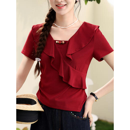 鹿向南「圆舞曲」复古风红色短袖T恤女夏季修身高级感不规则上衣 商品图1