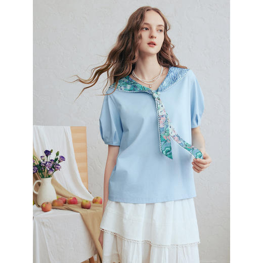 两三事梵高文艺氧气银河2026春季新款印花系带海军领泡泡袖t恤女 商品图1