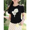 鹿向南「夏日花束」立体花朵黑色短袖T恤女2夏季新款温柔显瘦上衣 商品缩略图3