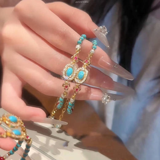 【敦煌遗珠·方钻仿绿松玛瑙手串】新中式古风仿绿松石串珠手链叠戴金属花朵手链百搭气质时尚 商品图2