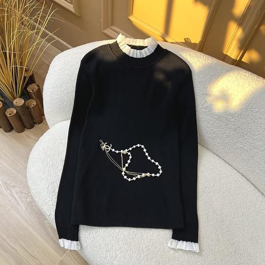 绯色织梦~抽条欧根纱木耳领花边针织套头衫 商品图2