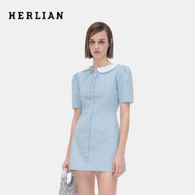 HERLIAN 2026年春夏新品不规则娃娃领蓝格修身收腰裙女连衣裙