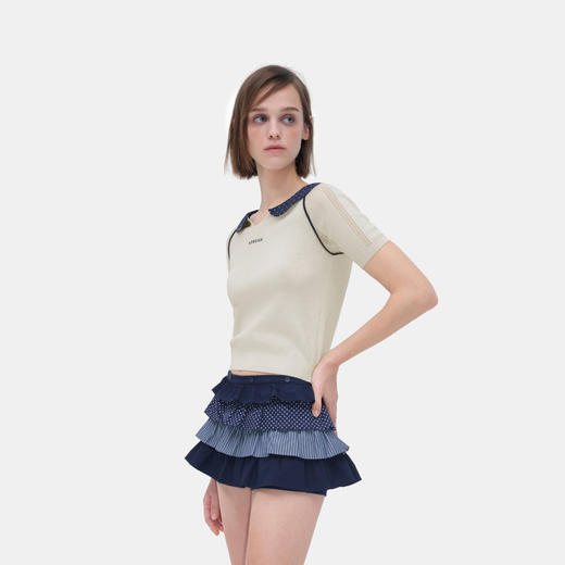 HERLIAN 2026年春夏新品波点撞色娃娃领短袖女士短版套头针织衫 商品图2