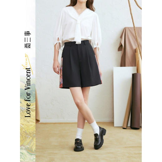 两三事梵高文艺季风长信2026春新款复古印花拼接高腰短裤女休闲裤 商品图0