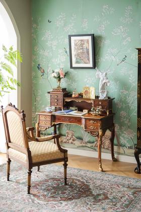 独角鹿西洋古董19世纪末法国家具名坊VIARDOT签名出品东方风格瑞兽主题铜鎏金精雕装饰卷叶纹硬木浮雕分层写字桌