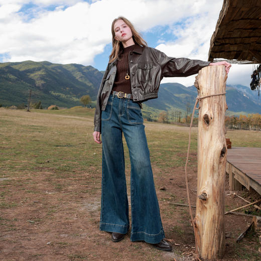 三彩2026春季新款PU皮衣外套翻领宽松落肩袖上衣开衫皮夹克M 商品图2