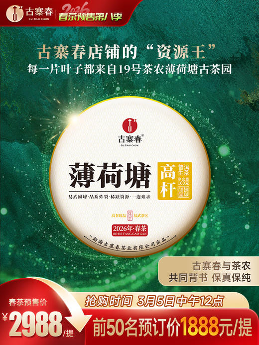 3月5日中午12点【薄荷塘高杆】2026年春茶预售重磅升级为高杆产品未被矮化的稀缺产品，树高全部超10米，薄荷塘二类高杆，媲美I类品质100克/饼 5饼/提 商品图0