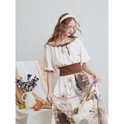 两三事梵高文艺风铃雏菊2026春新款复古印花拼接收腰泡泡袖连衣裙 商品图2