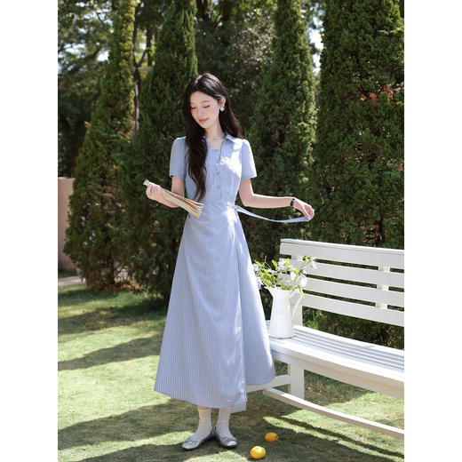 鹿向南「蓝岛续歌」法式温柔设计感条纹收腰裙显瘦蓝色气质连衣裙 商品图2