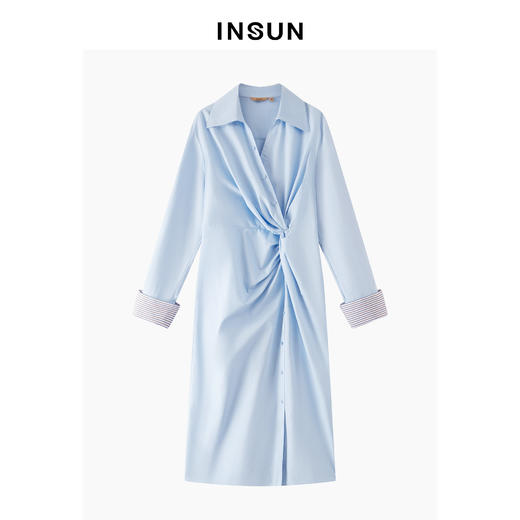 INSUN恩裳衬衫领褶皱收腰高支棉长袖连衣裙 商品图4