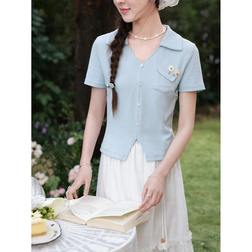 鹿向南「蓝楹清婉」雾霾蓝显瘦短袖T恤女夏季新款减龄设计感上衣 商品图3